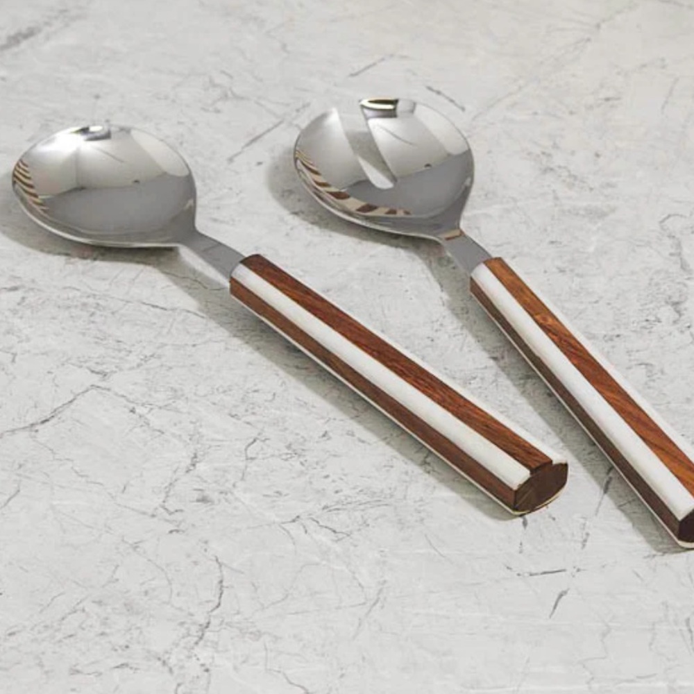 NWT Lyra Inlay Wood Serving Set.  Stainless Steel 11.14” Timeless | Classic